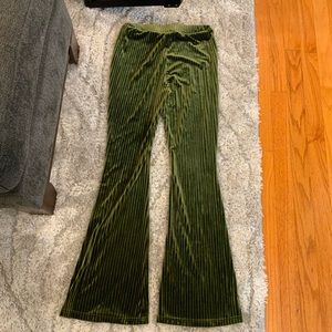 green shein pants, silk material, flared pants
